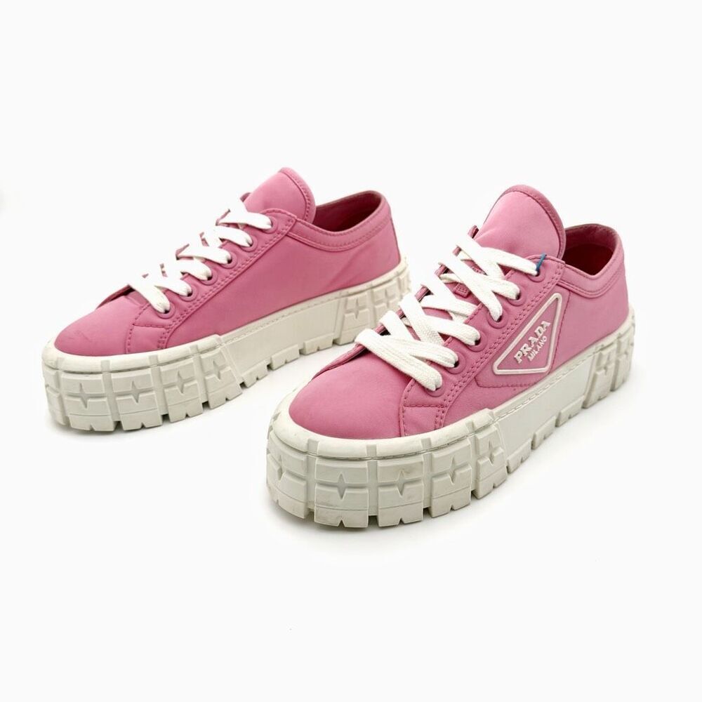 PRADA Pink Double Wheel Triangle Logo Sneakers Size 39.5 Lace Up Low Top